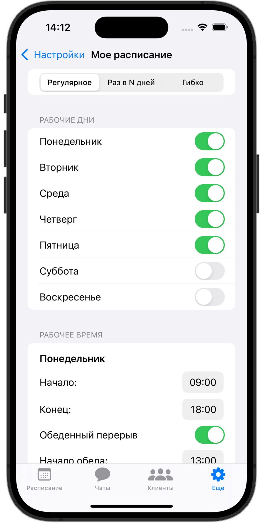 Экран настройки расписания: выбор рабочих дней, времени начала и окончания, а также перерыва на обед